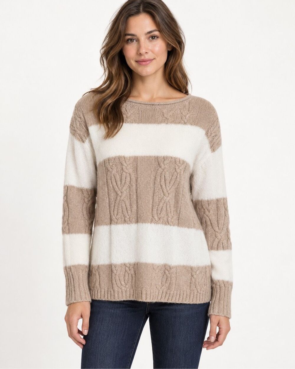 Minnie Rose Cashmere Mohair Striped Cable Knit Boatneck Sweater Taupe XS NWT